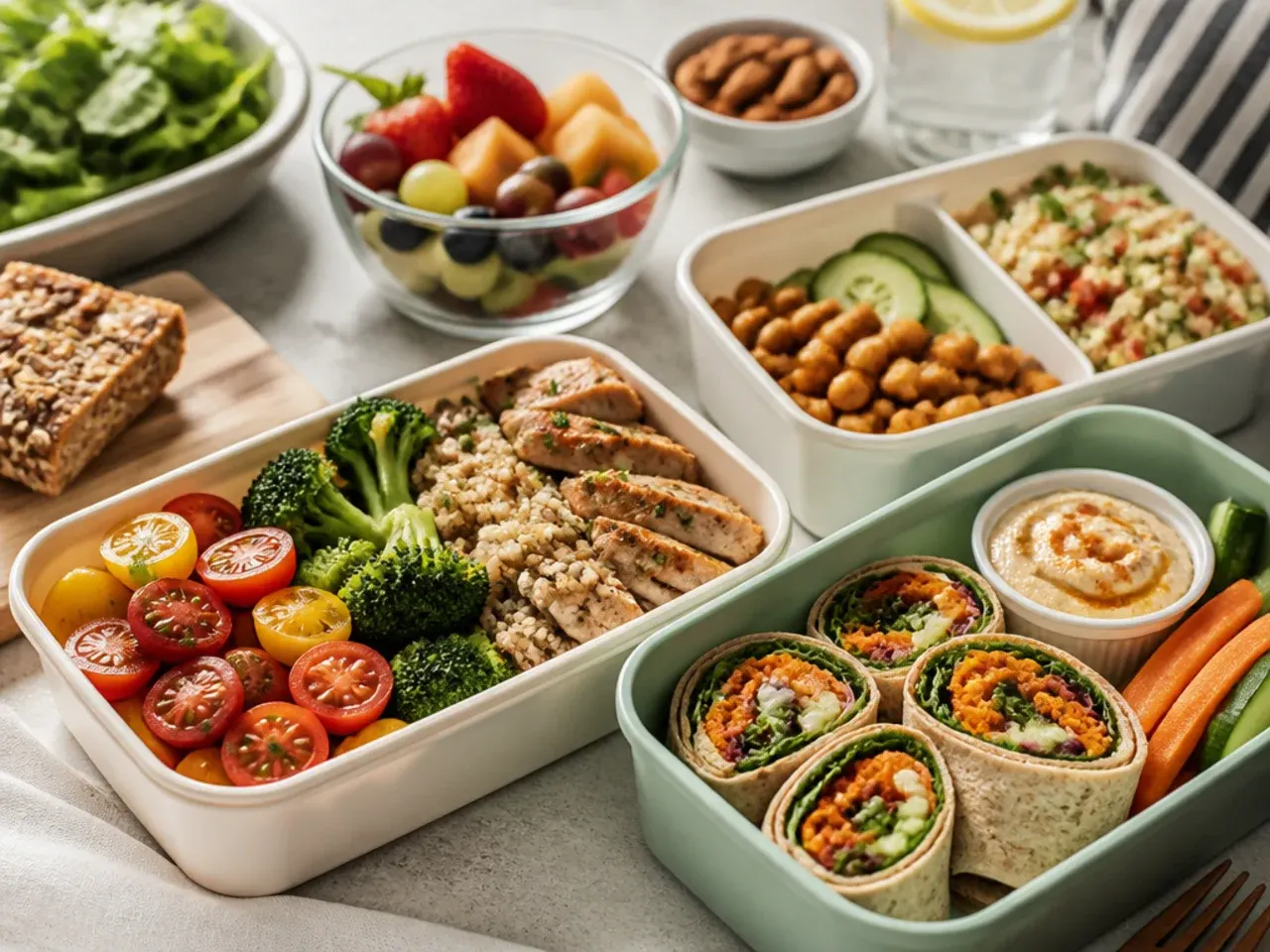 Healthy lunch box served with fresh fruit and a small side of crackers