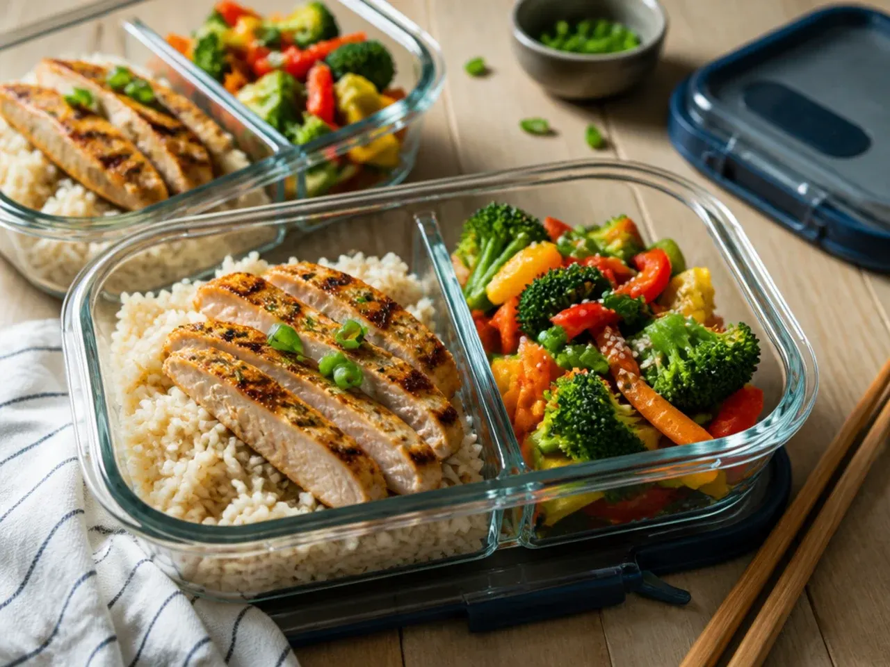 Lunch box containers stacked in the fridge with an ice pack alongside