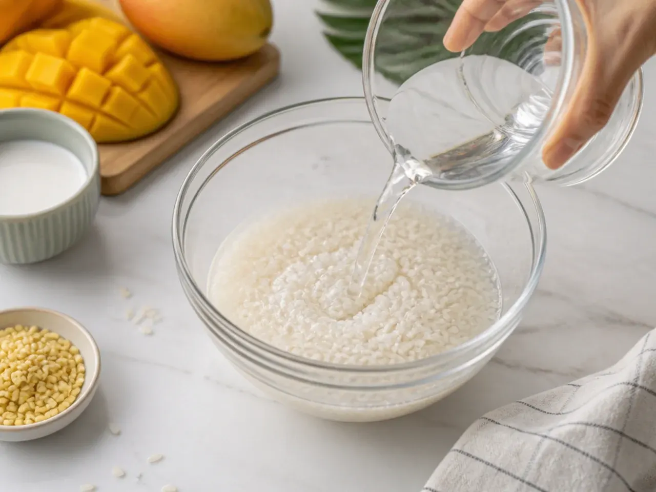 healthy mango sticky rice — step 1: rinse and soak the rice