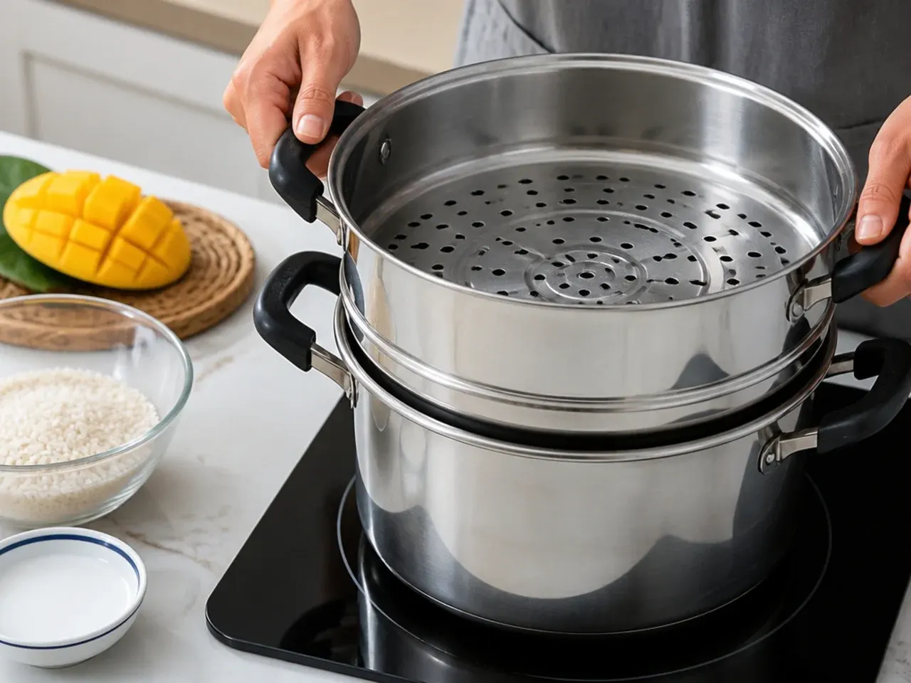 healthy mango sticky rice — step 2: set up your steamer