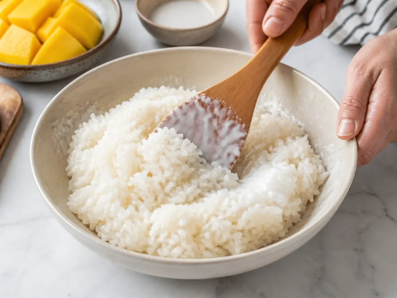 healthy mango sticky rice — step 5: fold sauce into the rice