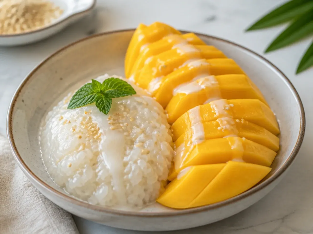 Bowl of healthy mango sticky rice with fresh mango slices and coconut drizzle