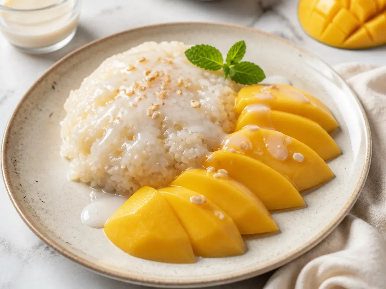Classic healthy mango sticky rice with maple-sweetened coconut sauce and ripe mango