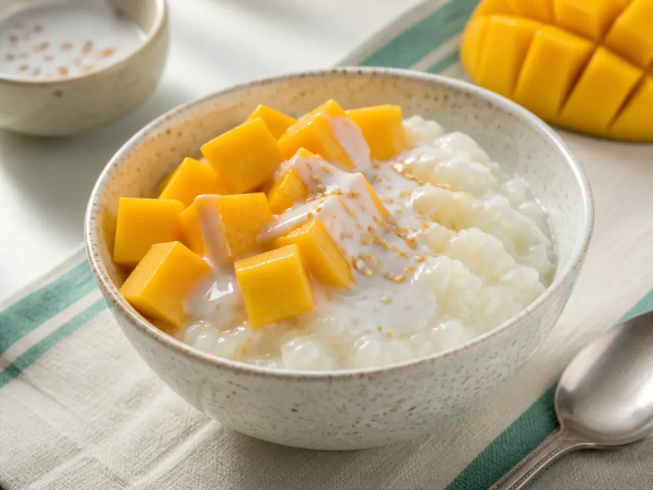 Quick microwave healthy mango sticky rice in a bowl with mango cubes