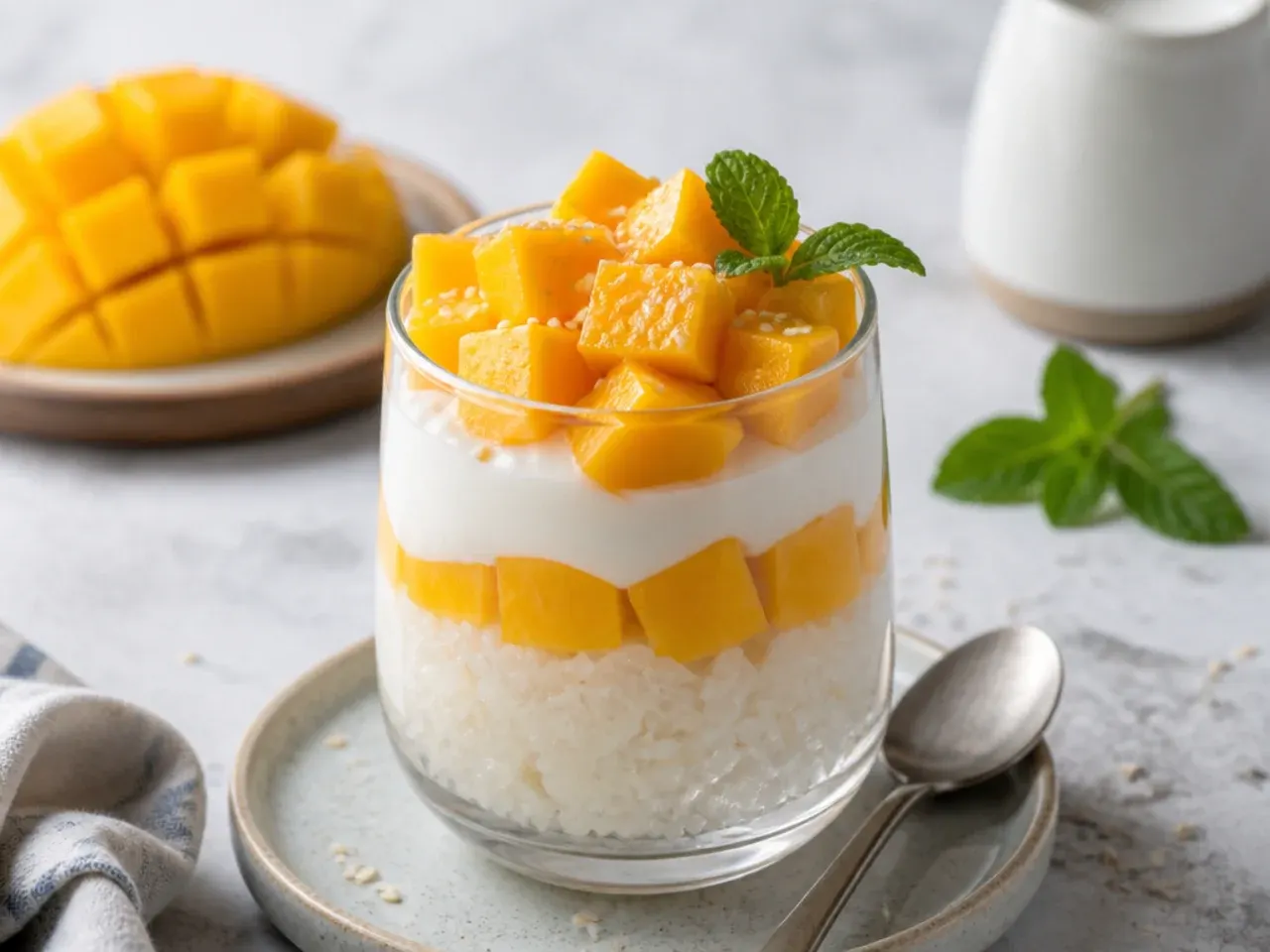 Elegant layered healthy mango sticky rice cups in glasses with coconut and mango