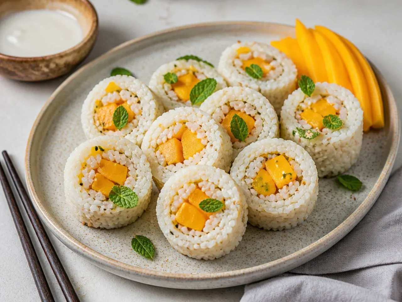 Playful healthy mango sticky rice sushi rolls sliced into rounds with mango centers