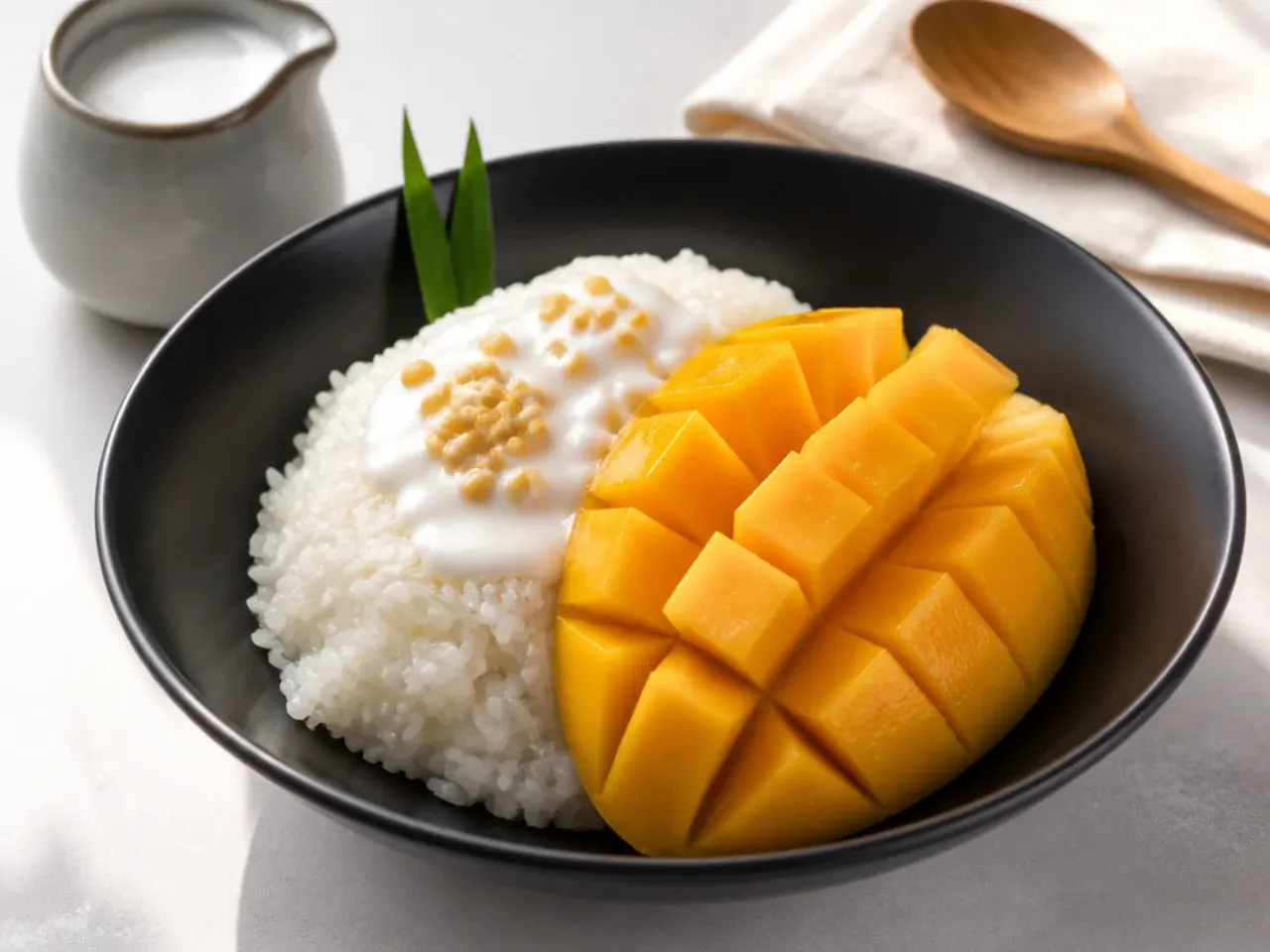 Modern black healthy mango sticky rice bowl with golden mango and coconut cream