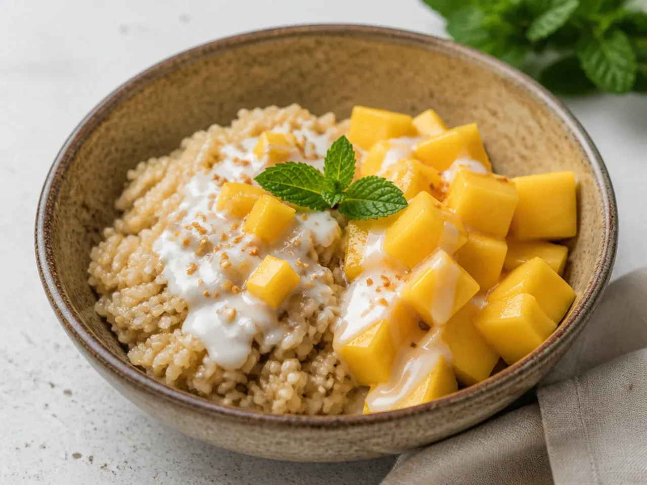 Rustic brown rice healthy mango sticky rice in a wide bowl with mango chunks