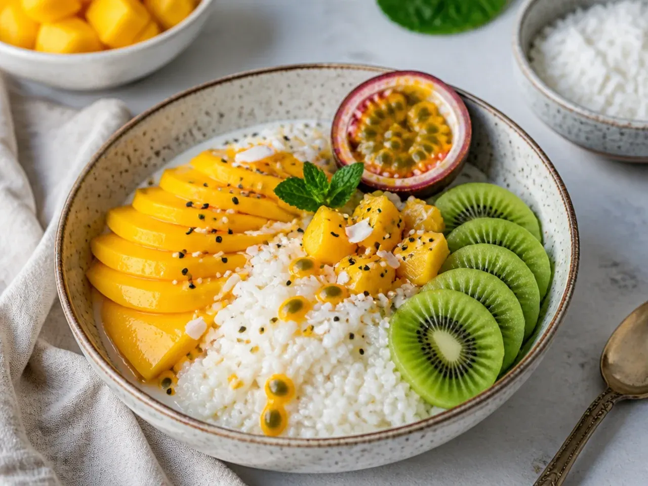Colorful tropical fruit healthy mango sticky rice bowl with kiwi and passion fruit