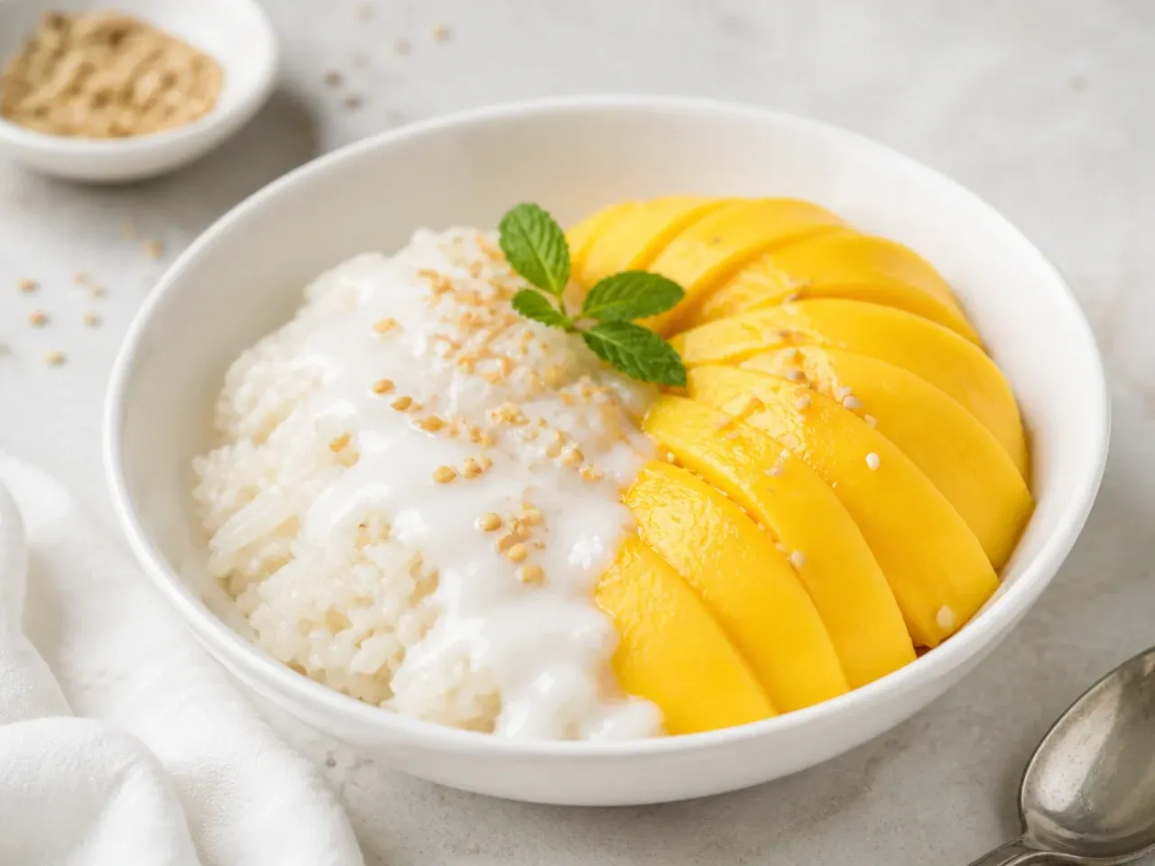 Minimal healthy mango sticky rice with coconut sauce and mango in a white bowl