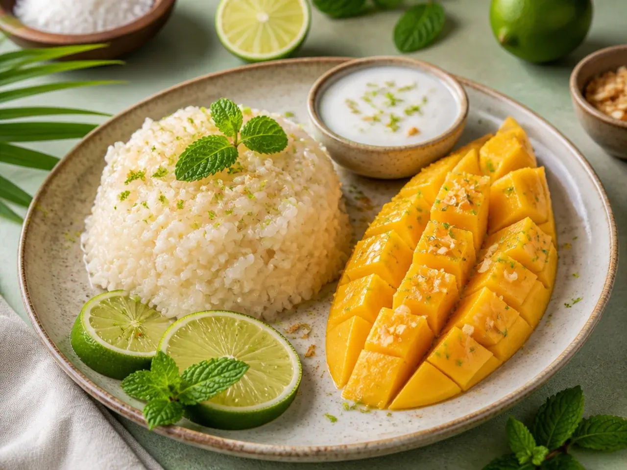 Festive coconut-lime healthy mango sticky rice platter with lime zest and mint