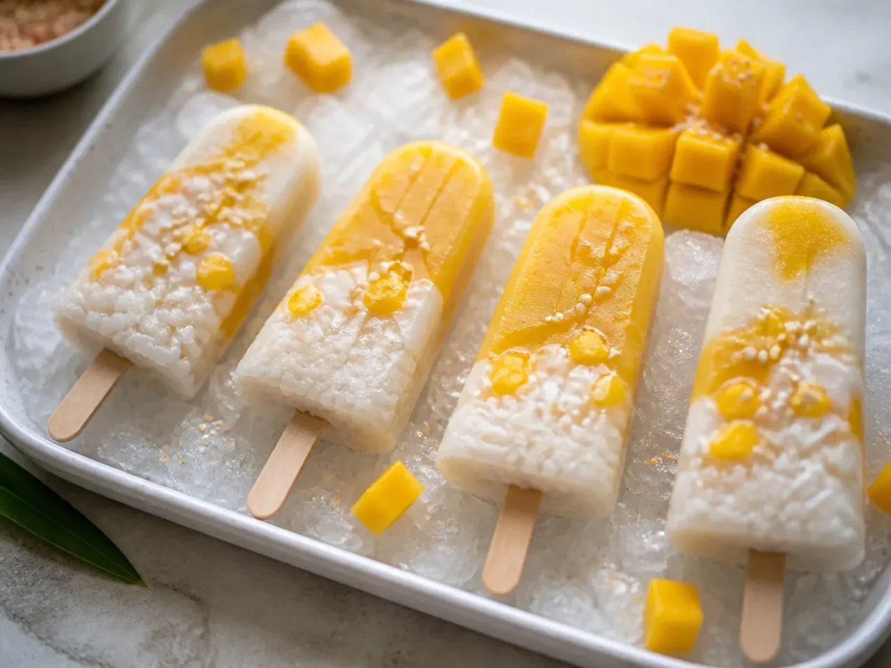 Whimsical healthy mango sticky rice popsicles with mango cubes on a tray