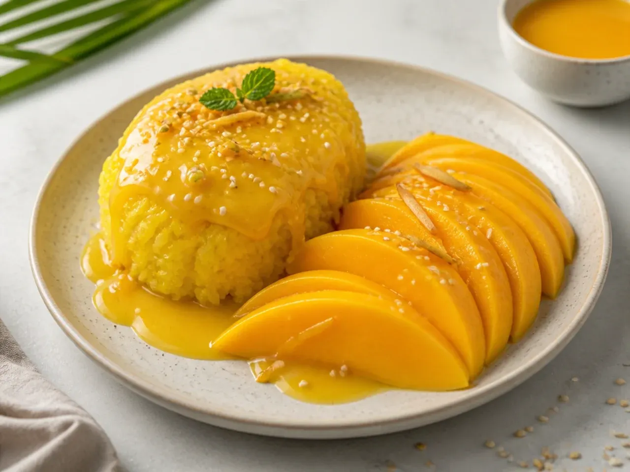 Bold ginger turmeric healthy mango sticky rice with golden coconut sauce and mango