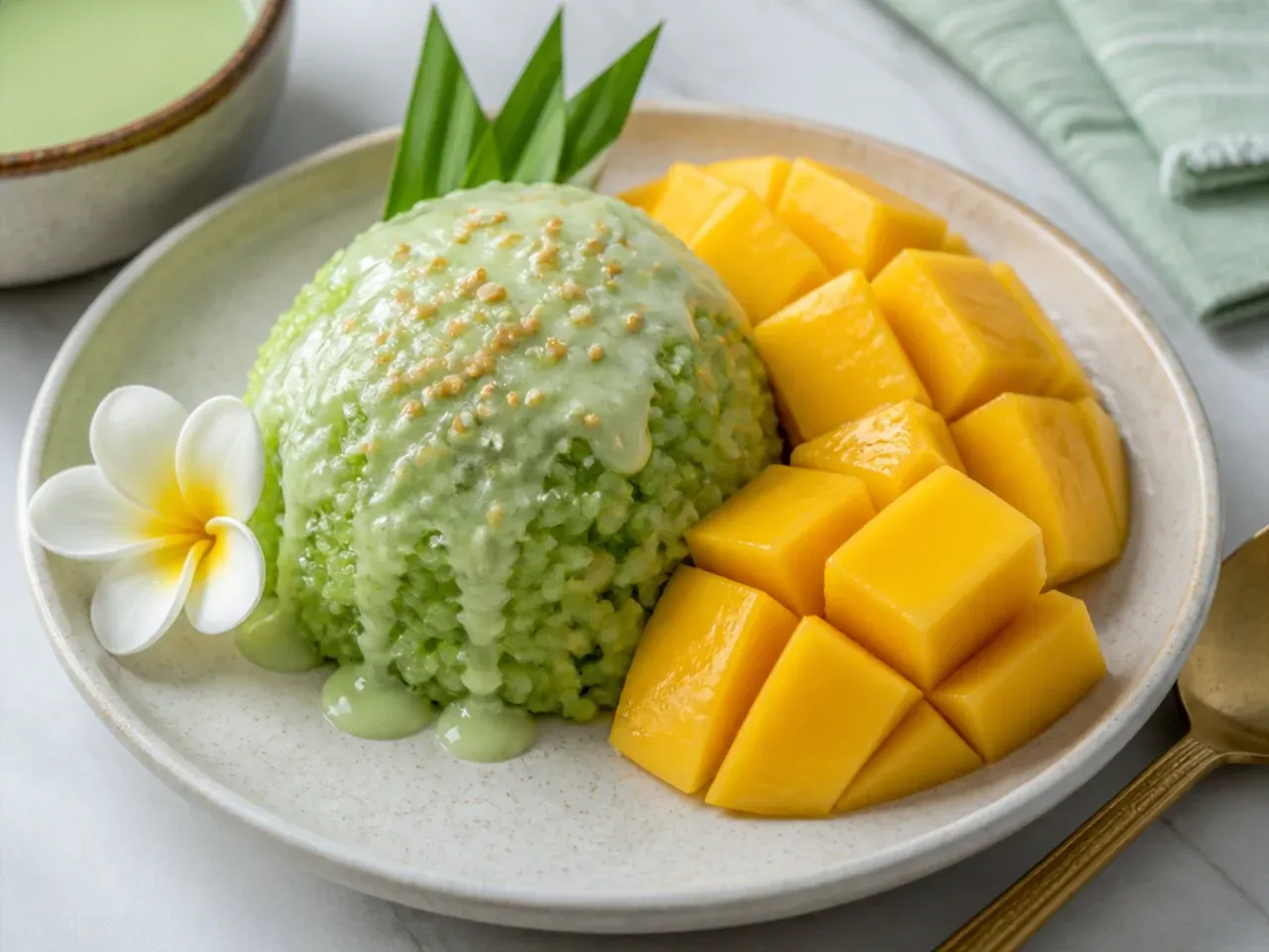 Delicate pandan-infused healthy mango sticky rice with pale green coconut sauce