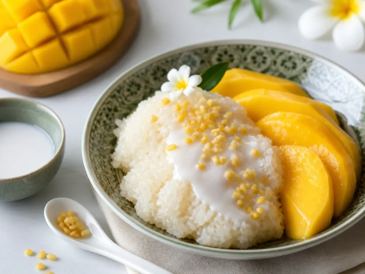 Vintage healthy mango sticky rice topped with toasted yellow mung beans and mango