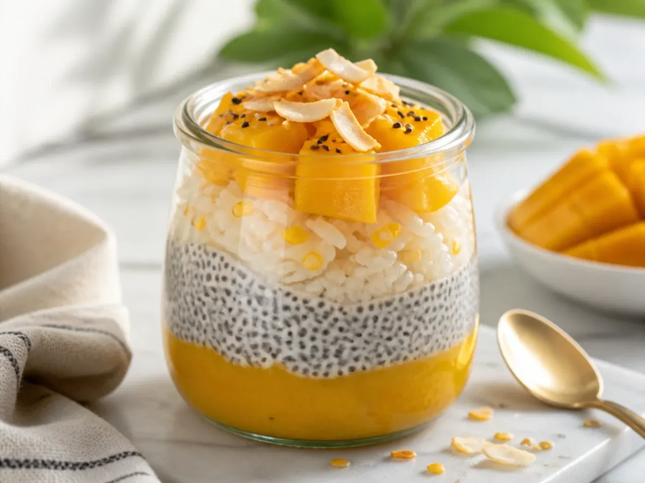 Creative healthy mango sticky rice chia breakfast jars layered with mango puree