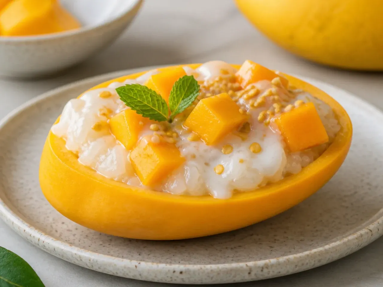 Charming healthy mango sticky rice served inside a scooped mango half