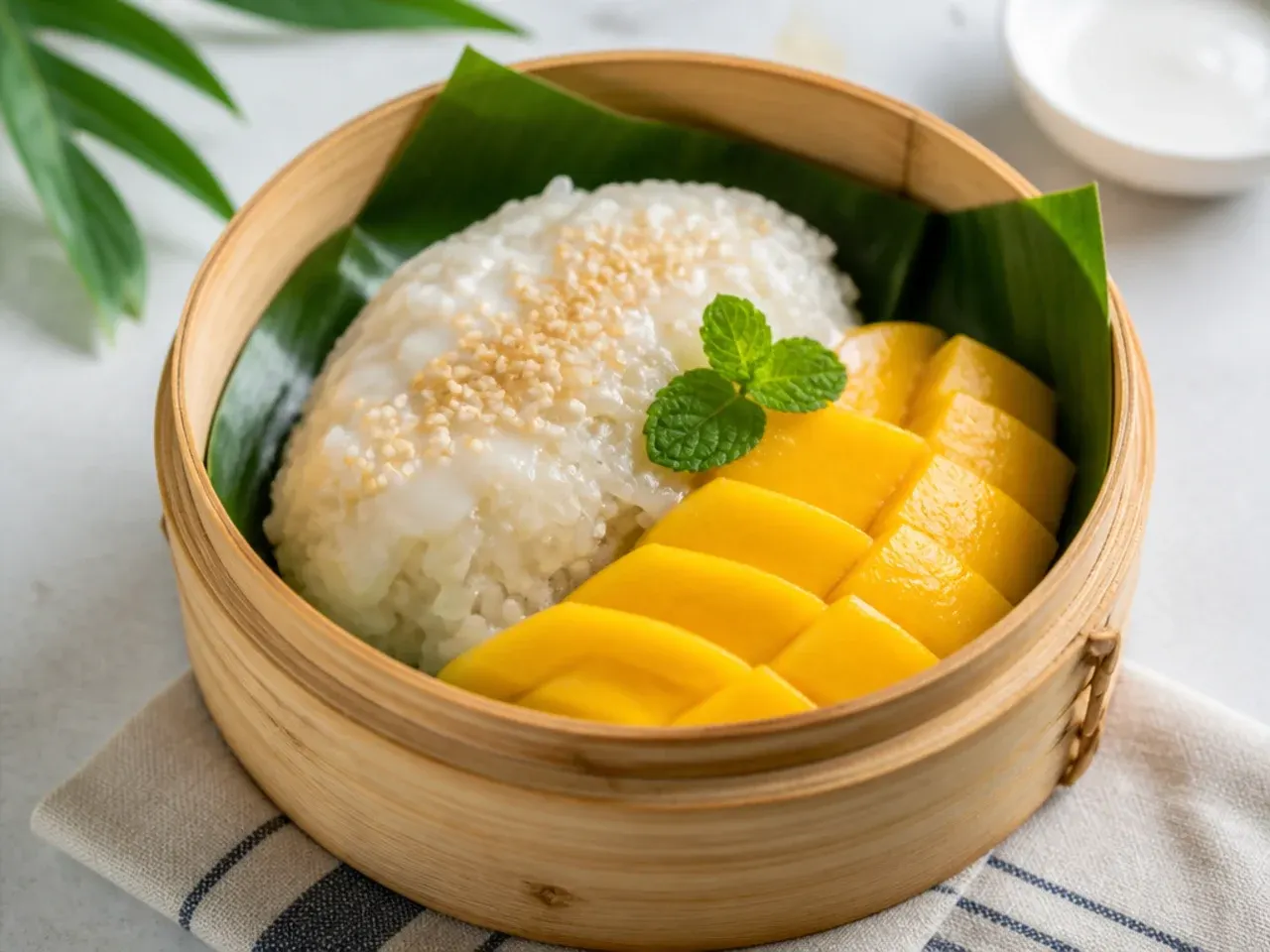 Classic steamed basket healthy mango sticky rice with distinct chewy grains and mango