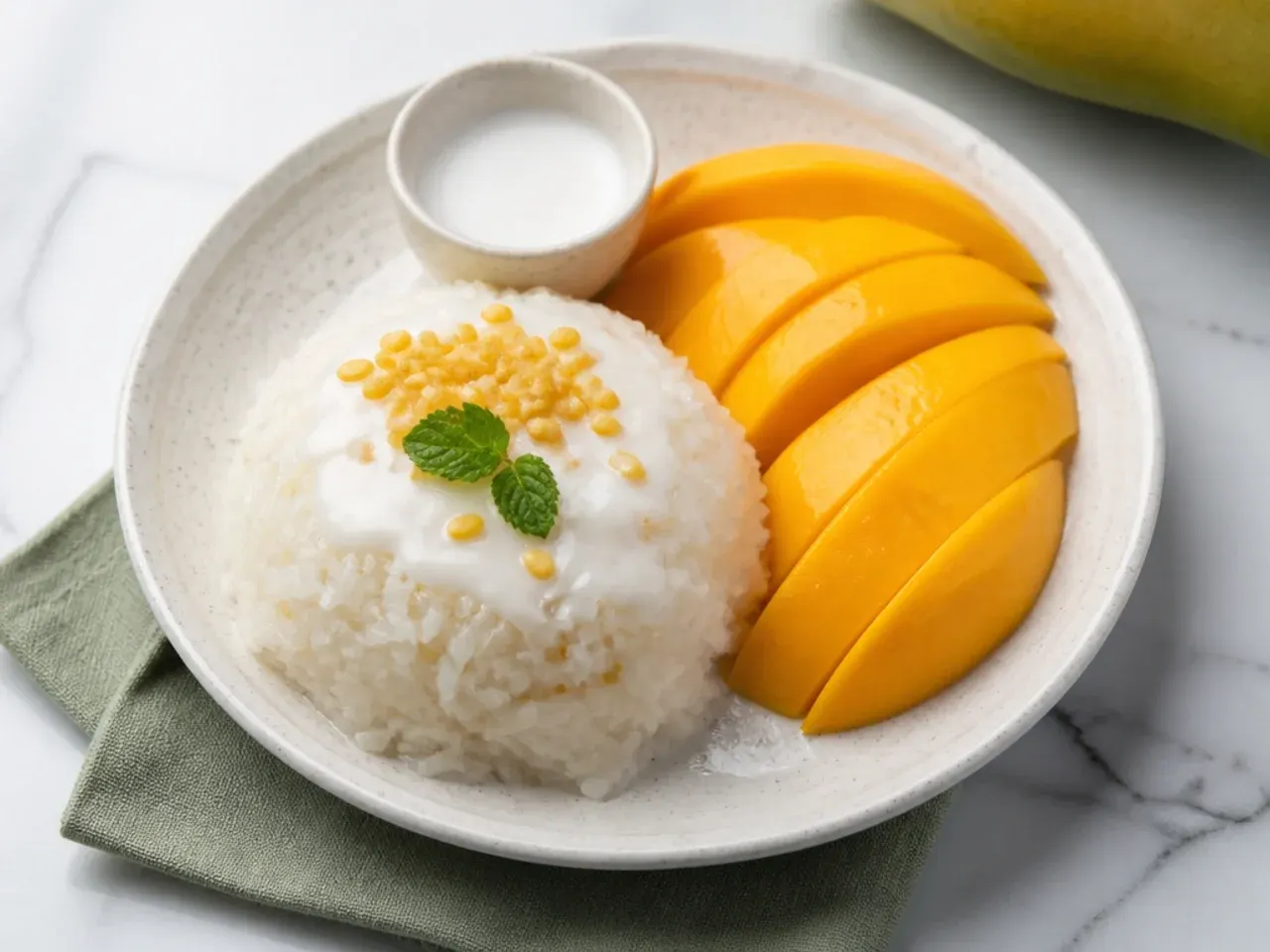 Easy rice cooker healthy mango sticky rice served with fresh mango slices