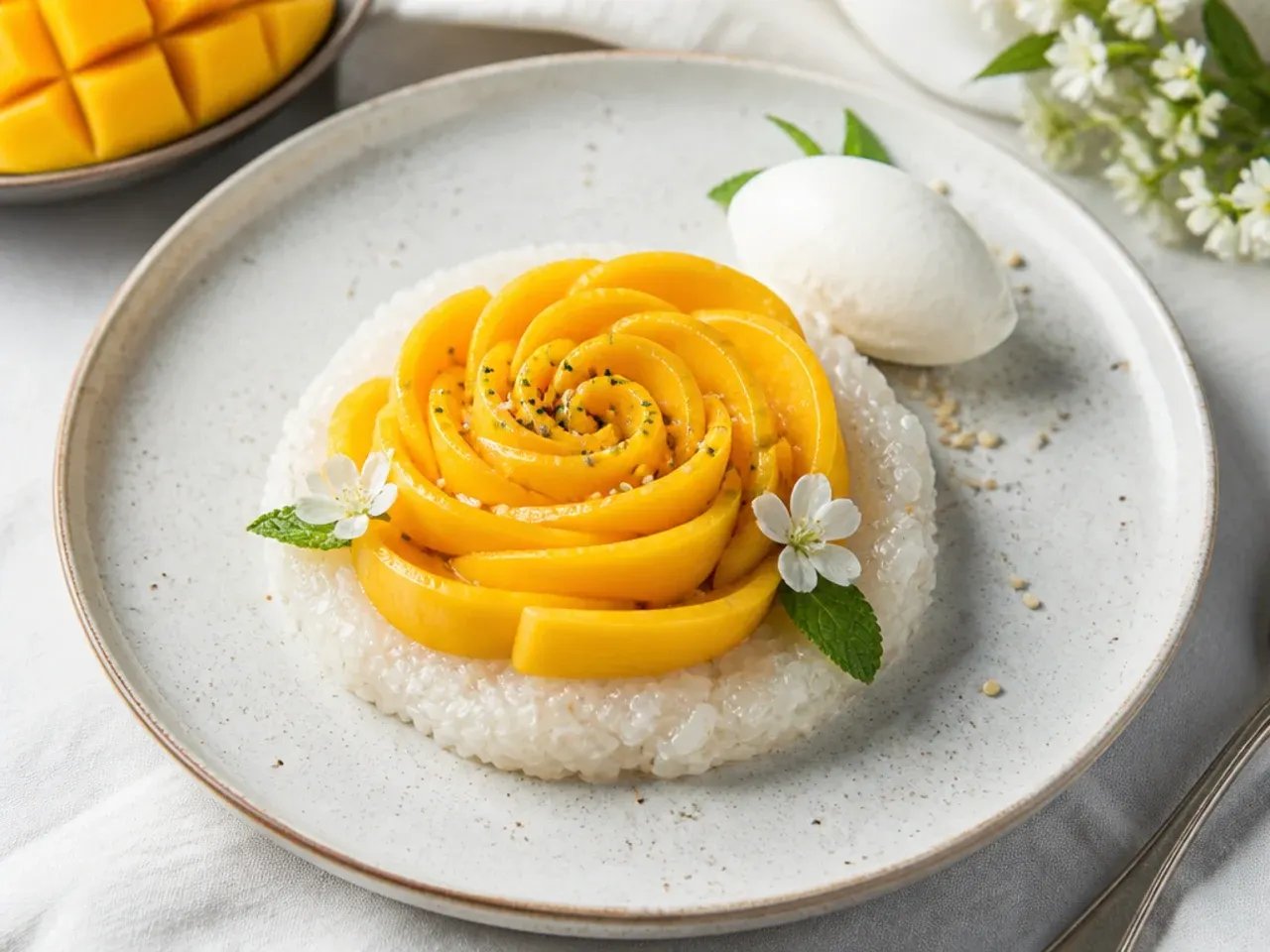 Elegant plated healthy mango sticky rice with a mango rose and coconut quenelle