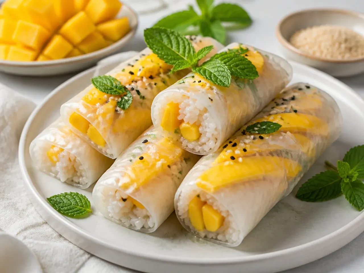Playful healthy mango sticky rice spring rolls in rice paper with mango showing through