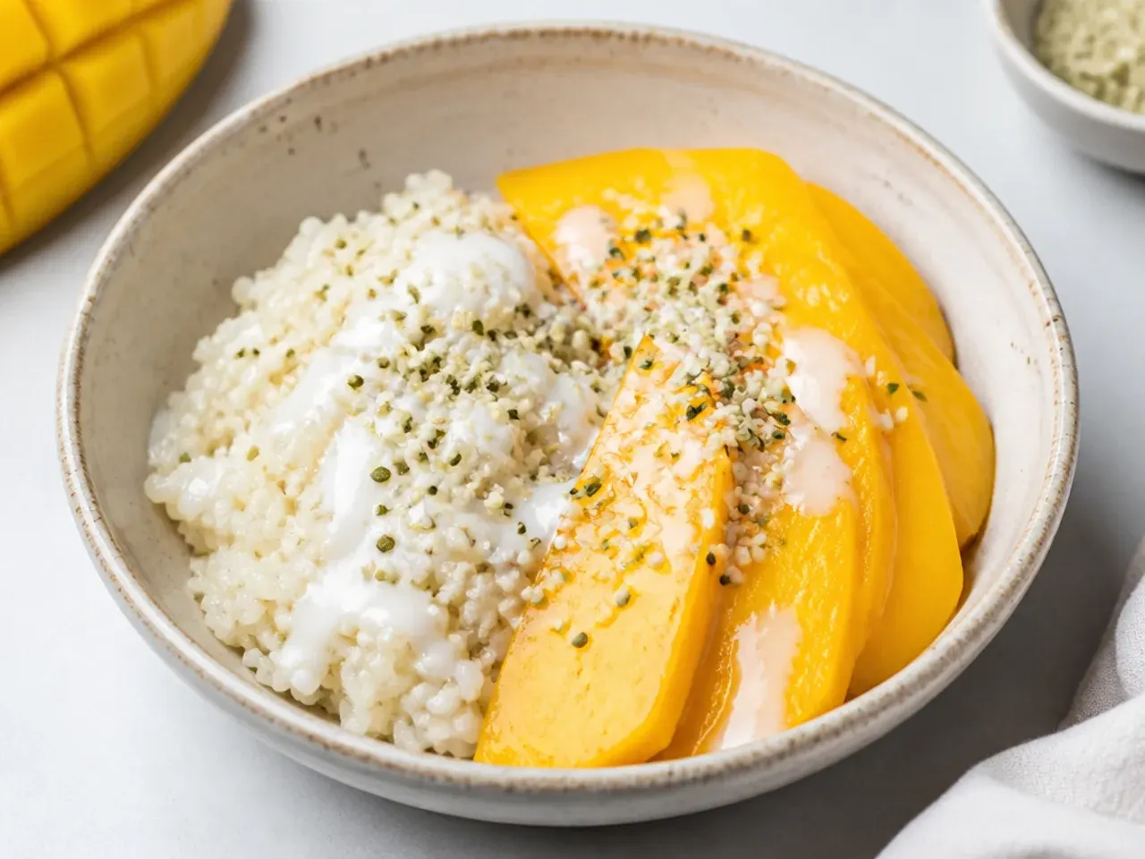 Modern high-protein healthy mango sticky rice bowl with hemp seeds and mango