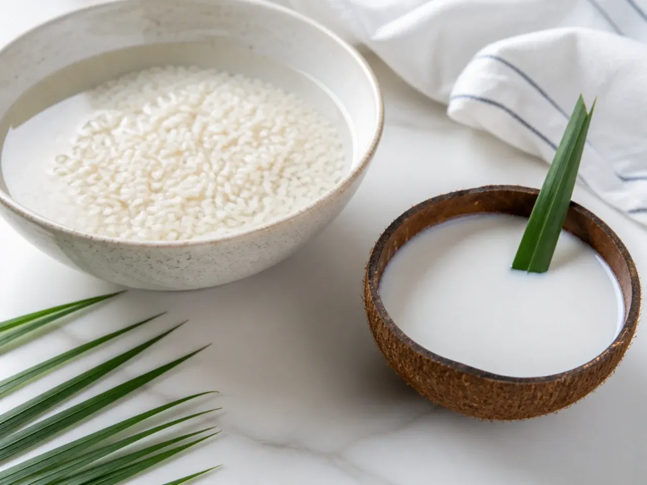 Pro tips for healthy mango sticky rice showing soaked glutinous rice and coconut sauce