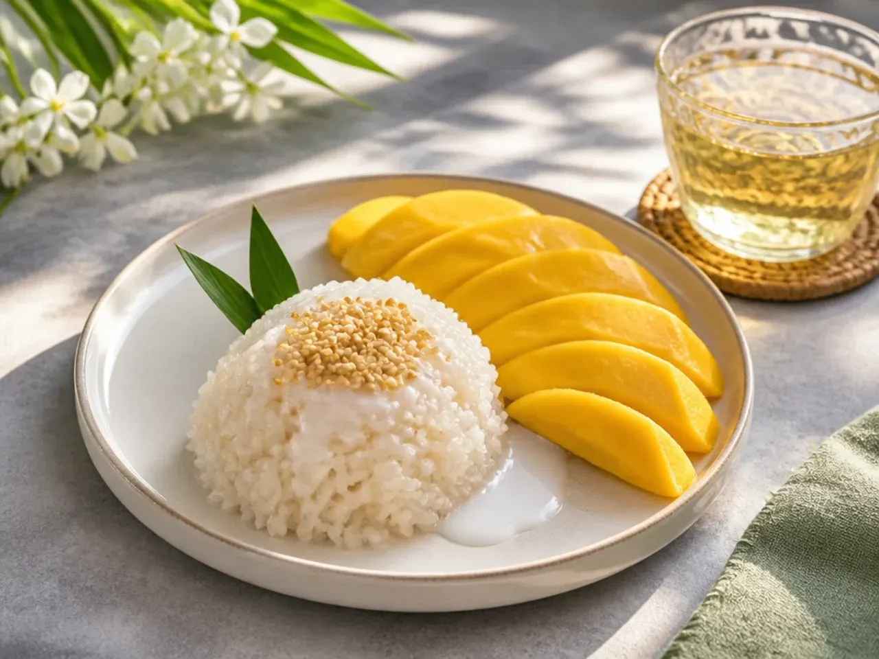 Healthy mango sticky rice served warm with coconut sauce and jasmine tea