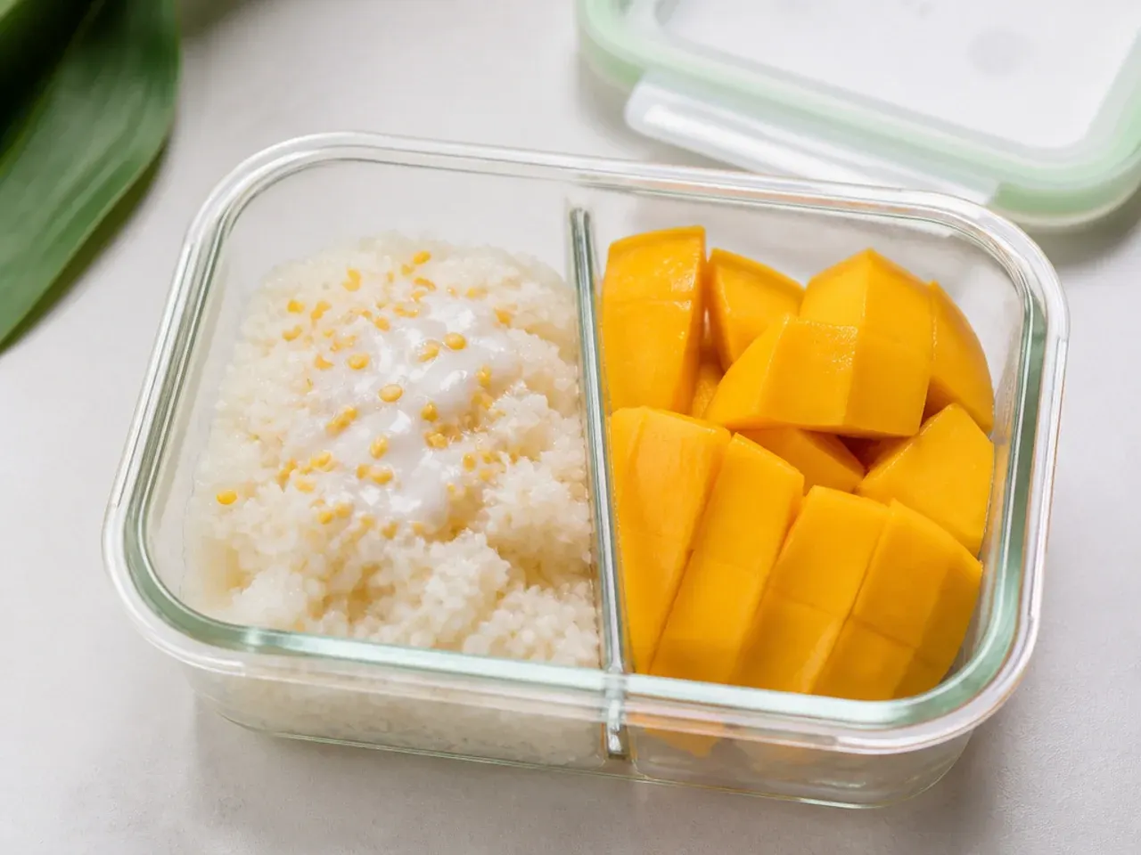 Storing healthy mango sticky rice in an airtight container with mango kept separate