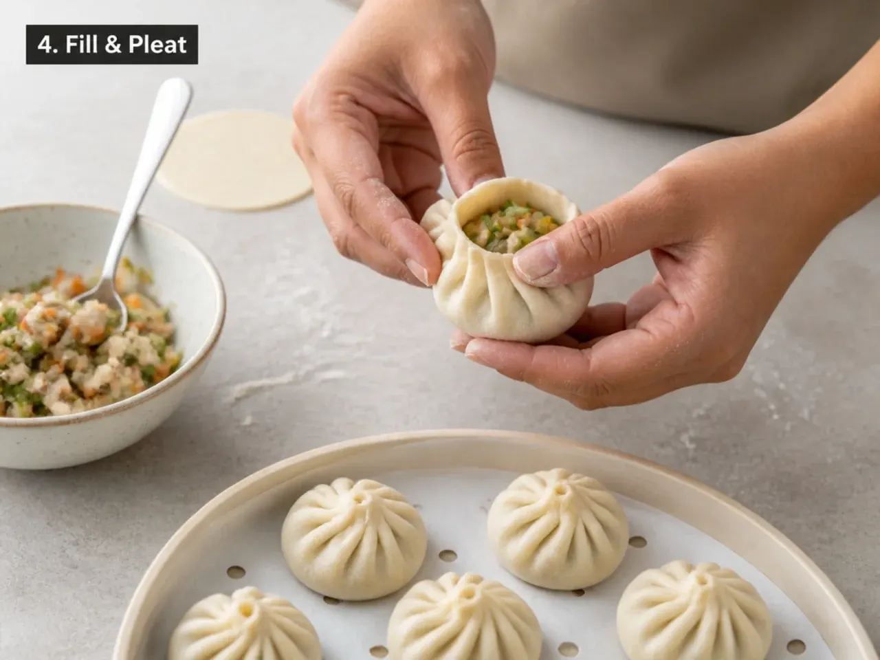 healthy momos recipe — step 4: fill and pleat
