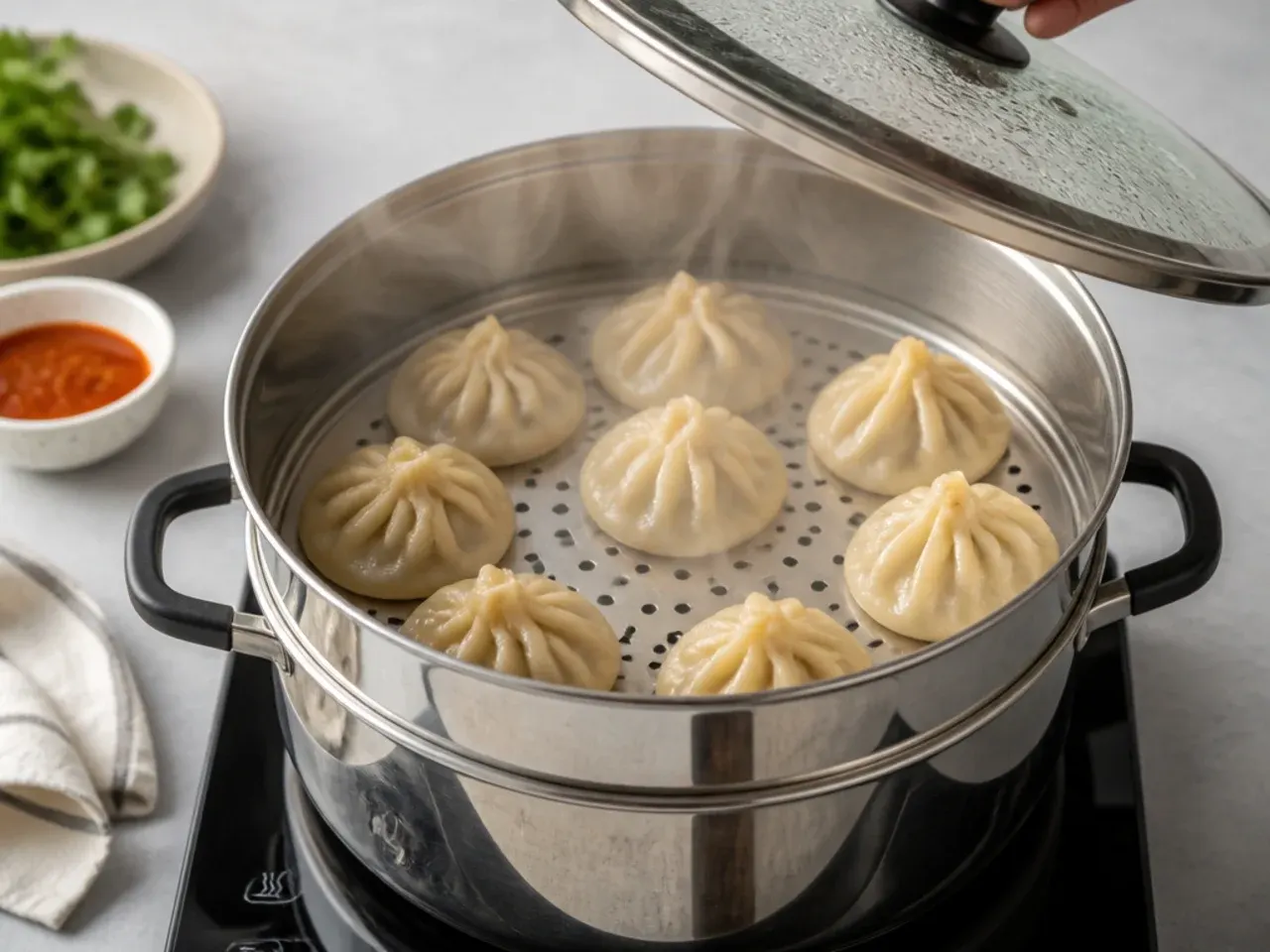 healthy momos recipe — step 6: steam the momos