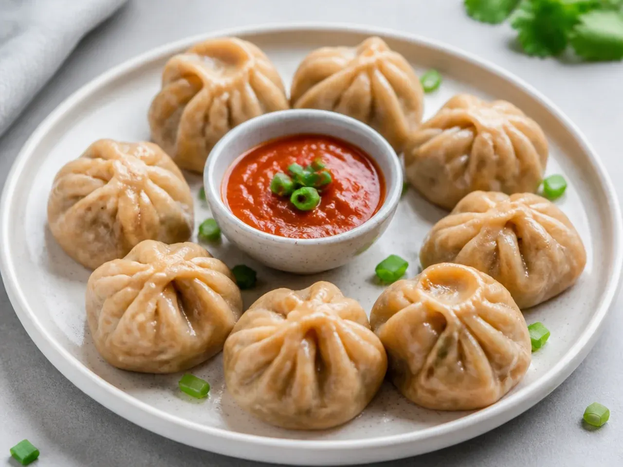 Plate of healthy steamed whole wheat momos with dipping sauce