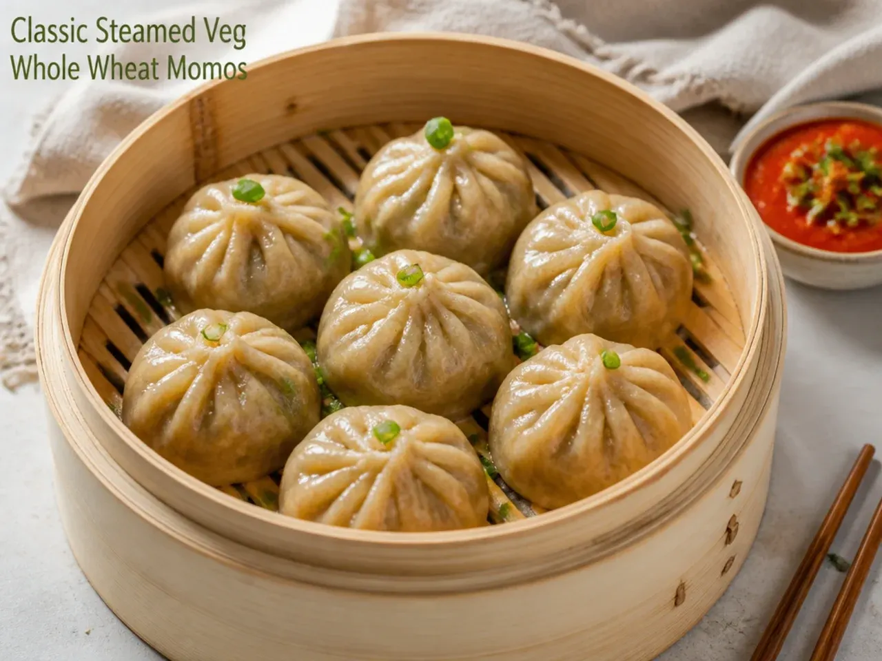 Classic steamed veg whole wheat momos healthy recipe on a bamboo steamer