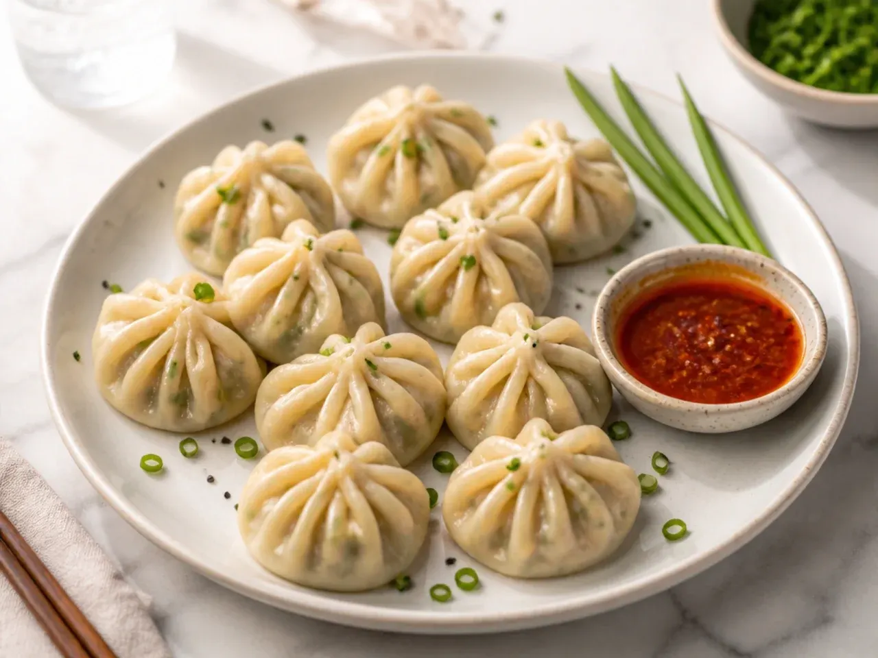 Elegant prawn and chive healthy momos recipe plated for entertaining