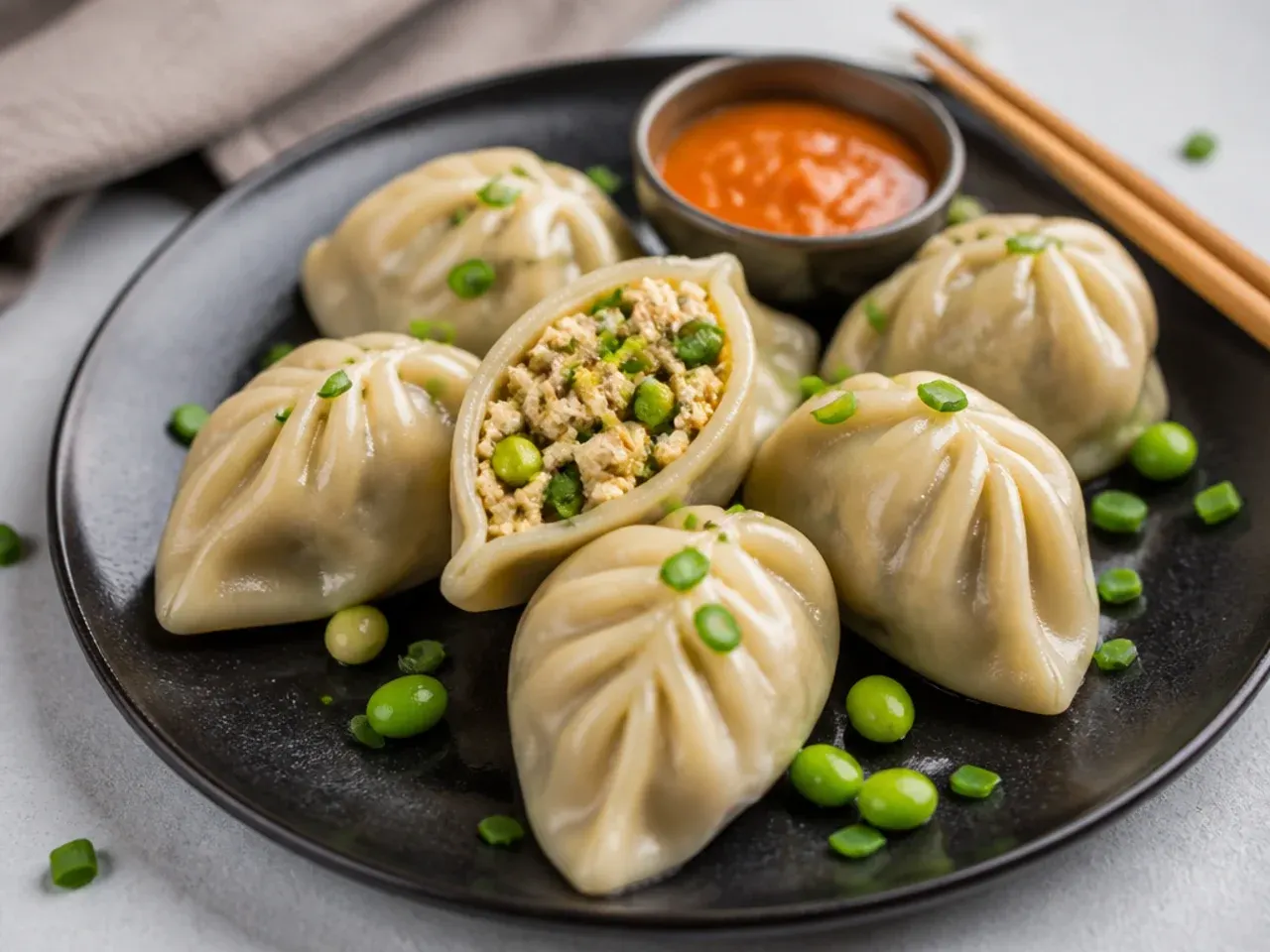Modern tofu and edamame protein healthy momos recipe on a dark plate