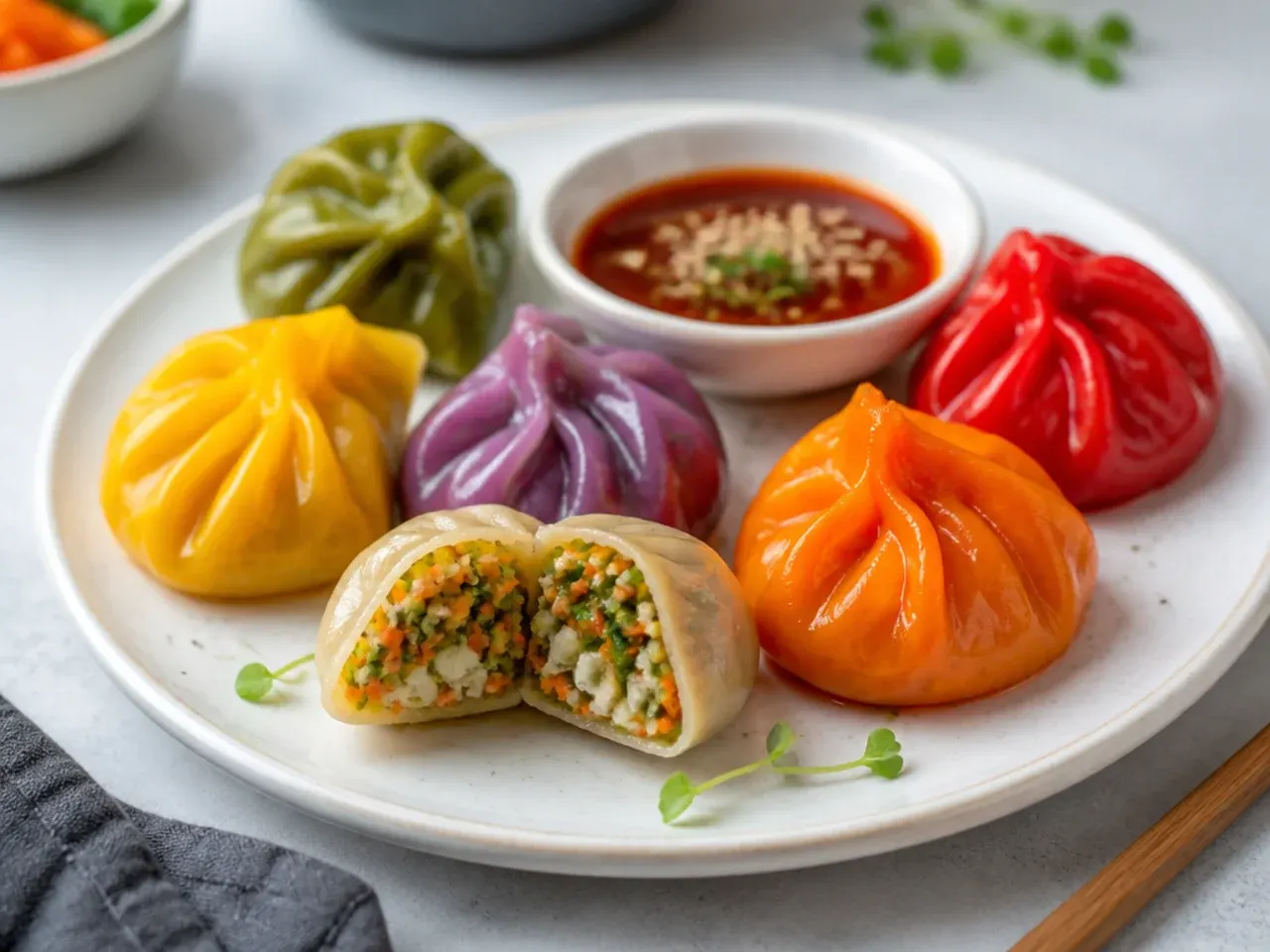 Colorful rainbow vegetable healthy momos recipe cut open to show filling