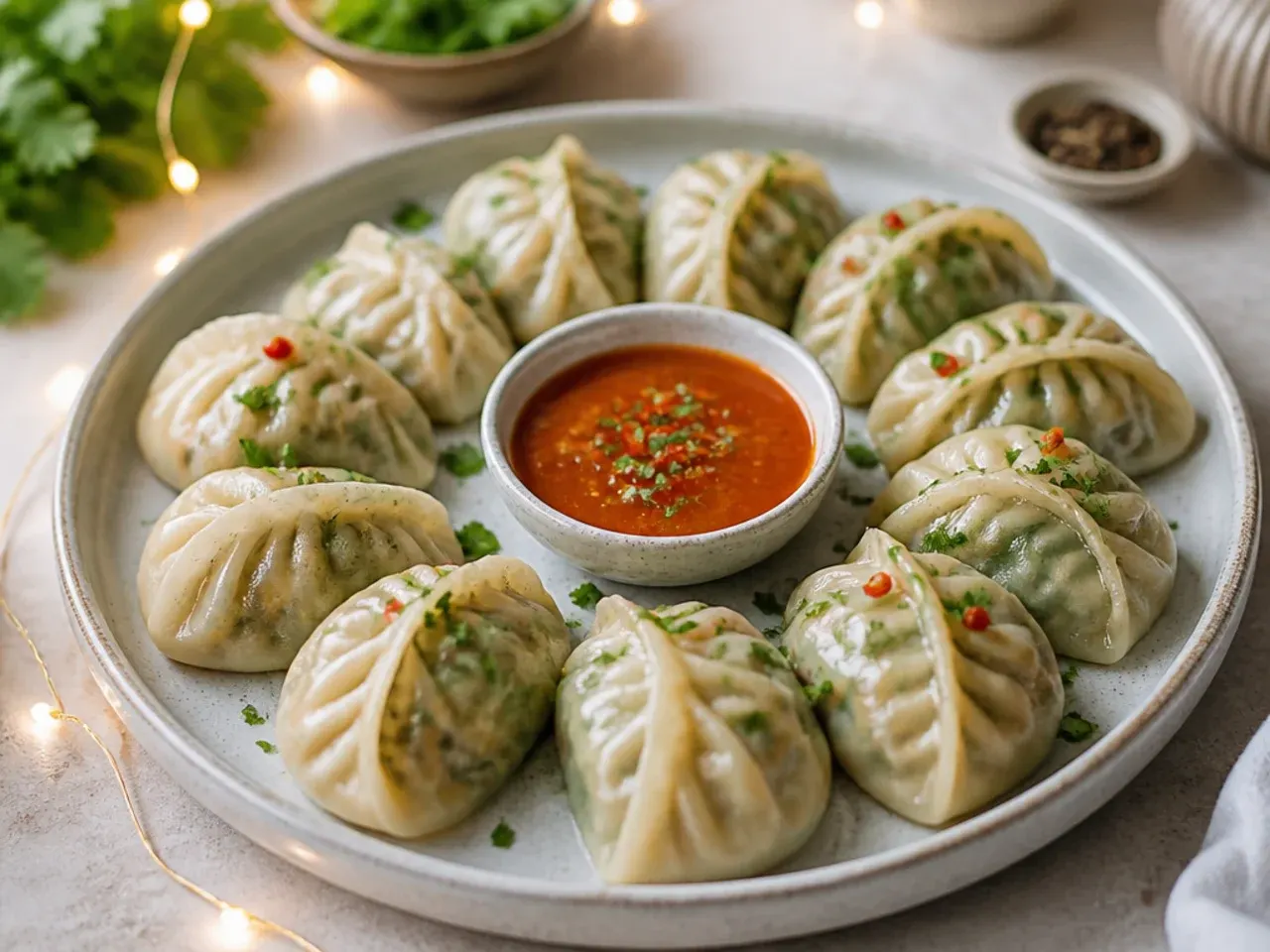 Festive chicken and coriander healthy momos recipe on a party platter