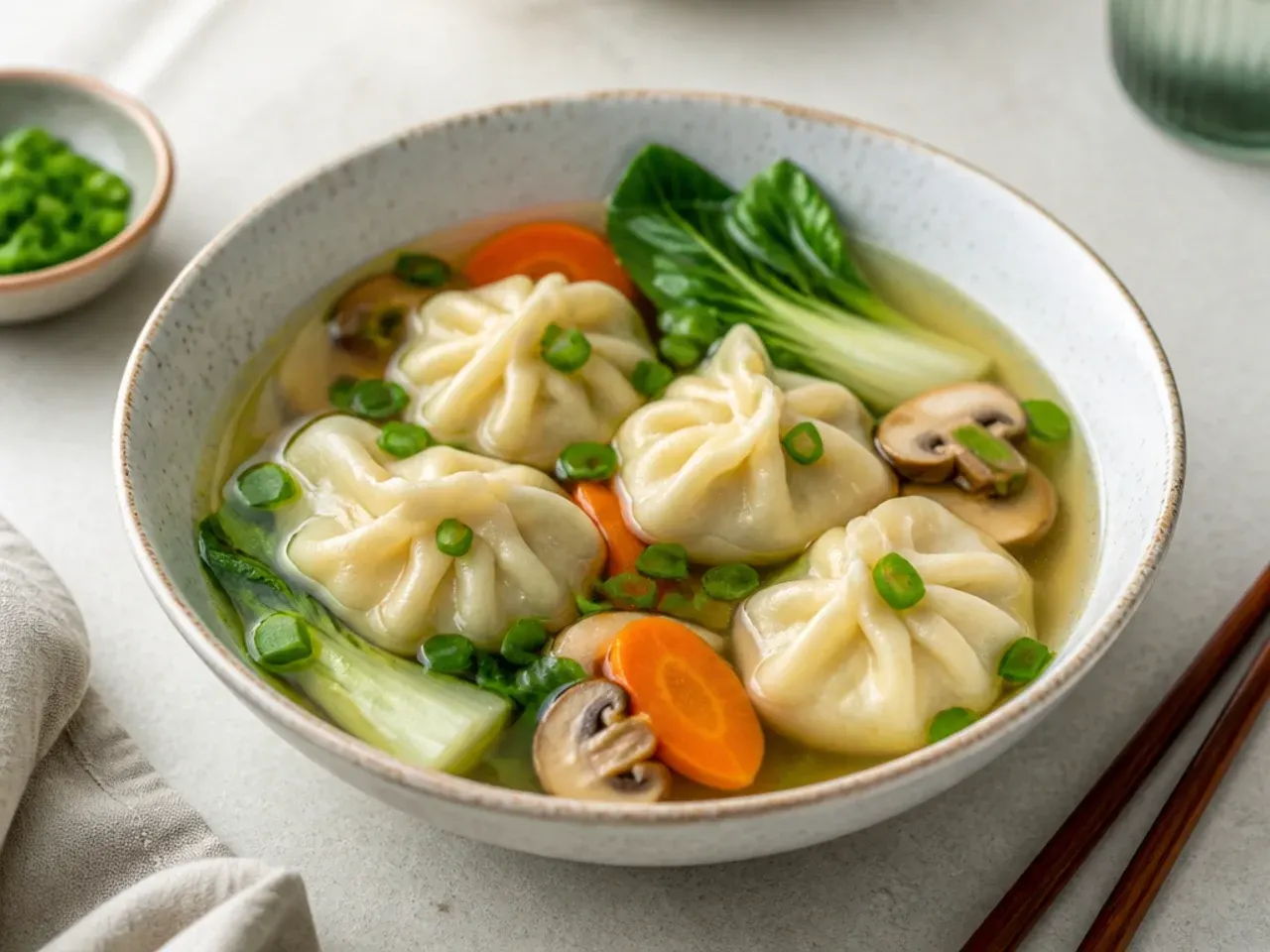 Whimsical soup momos healthy recipe served in a bowl of clear broth