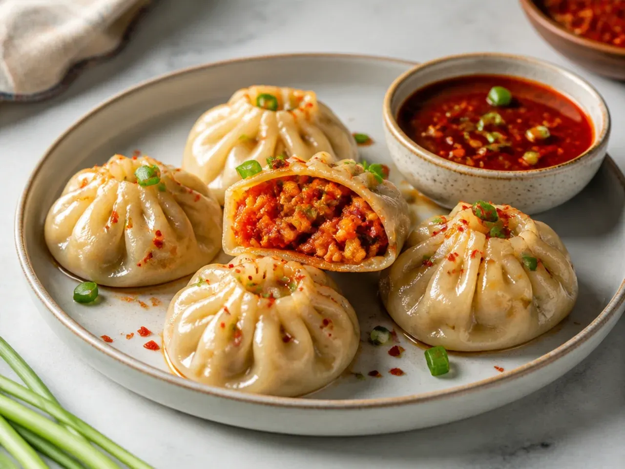 Bold schezwan-stuffed healthy momos recipe with red chilli filling