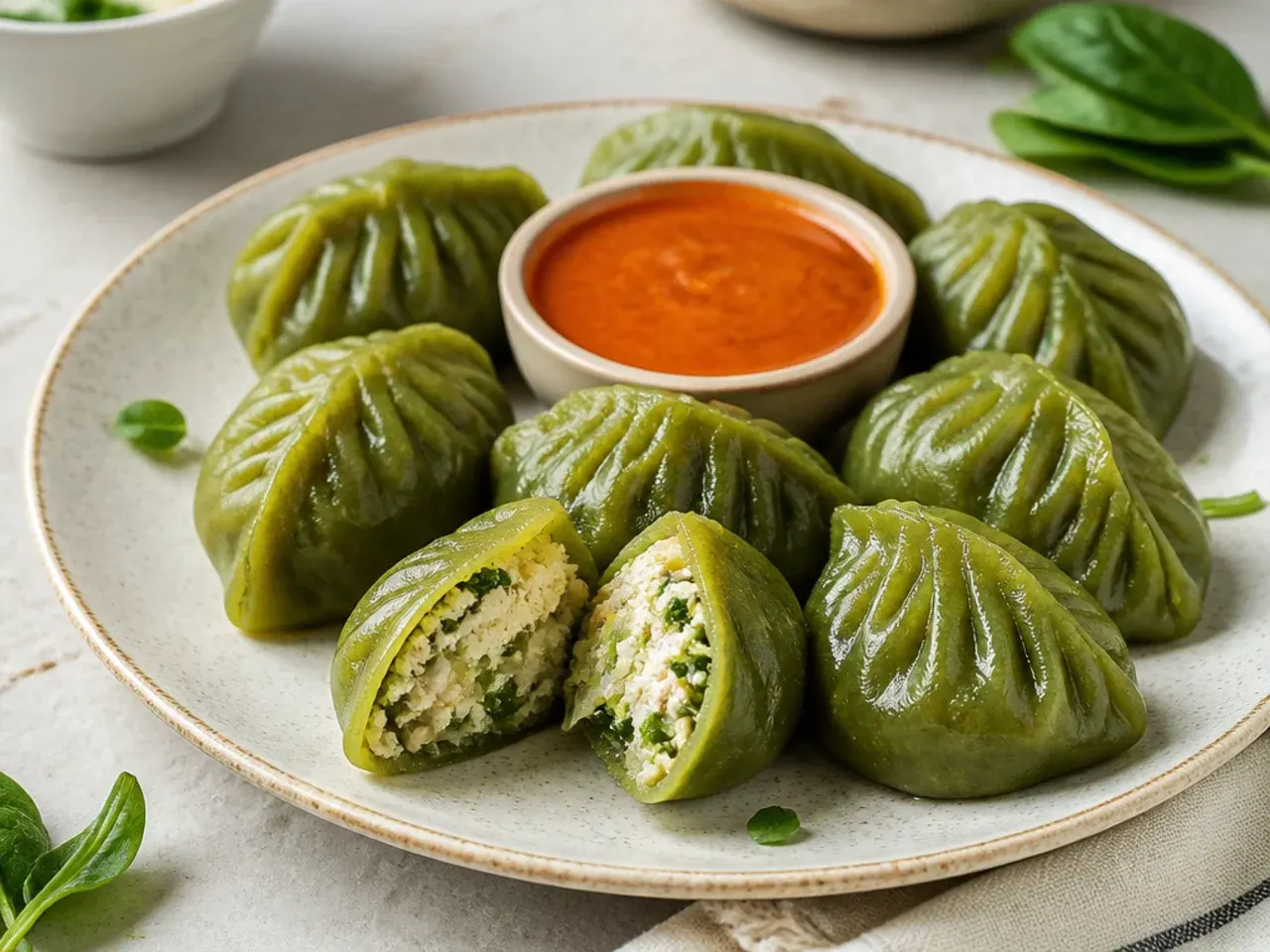 Delicate spinach green wrapper healthy momos recipe with paneer filling
