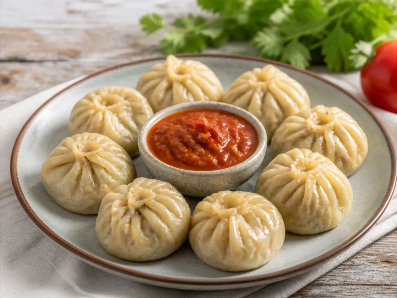 Vintage Tibetan-style meat healthy momos recipe with tomato sepen chutney
