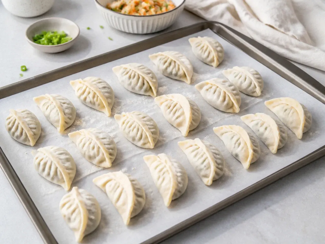 Easy make-ahead frozen healthy momos recipe raw on a tray