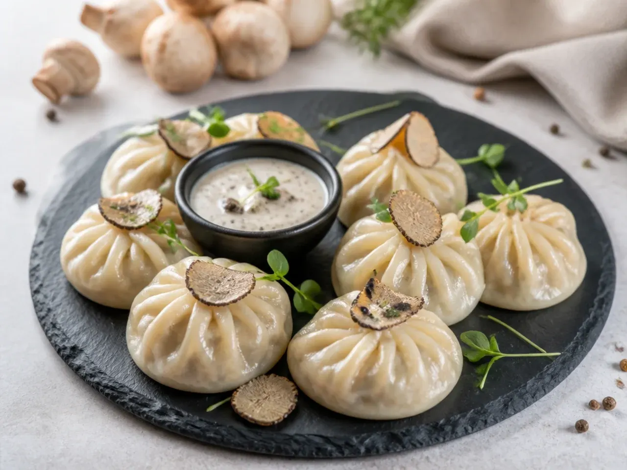 Elegant mushroom truffle healthy momos recipe on a slate plate
