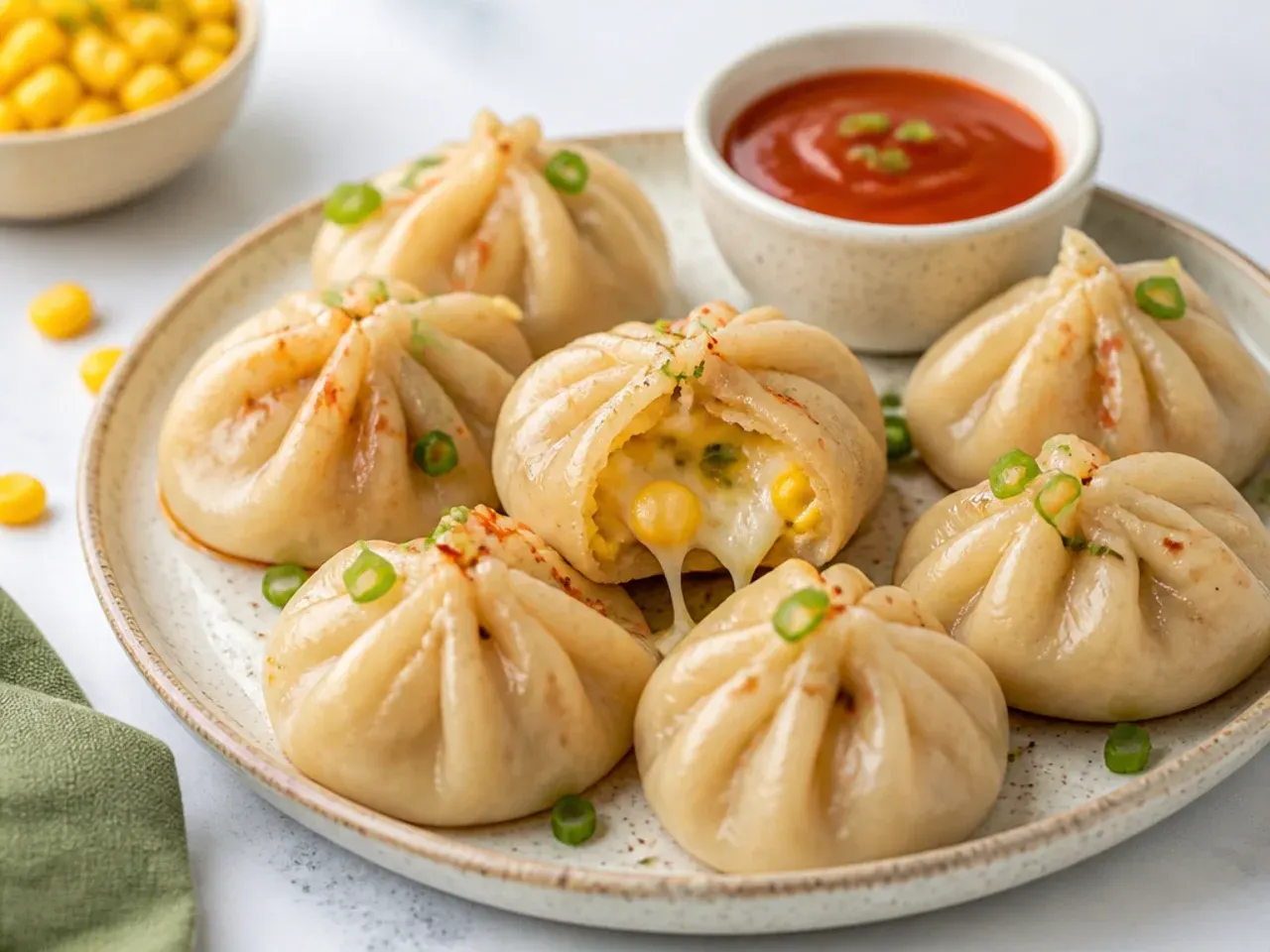 Playful cheese and corn healthy momos recipe with a gooey center