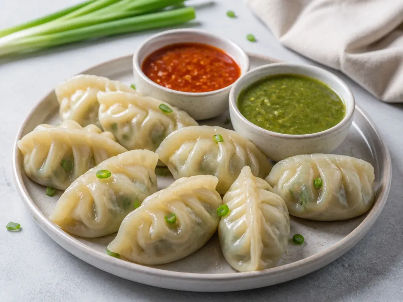 Serving suggestions with chutneys for a healthy momos recipe platter