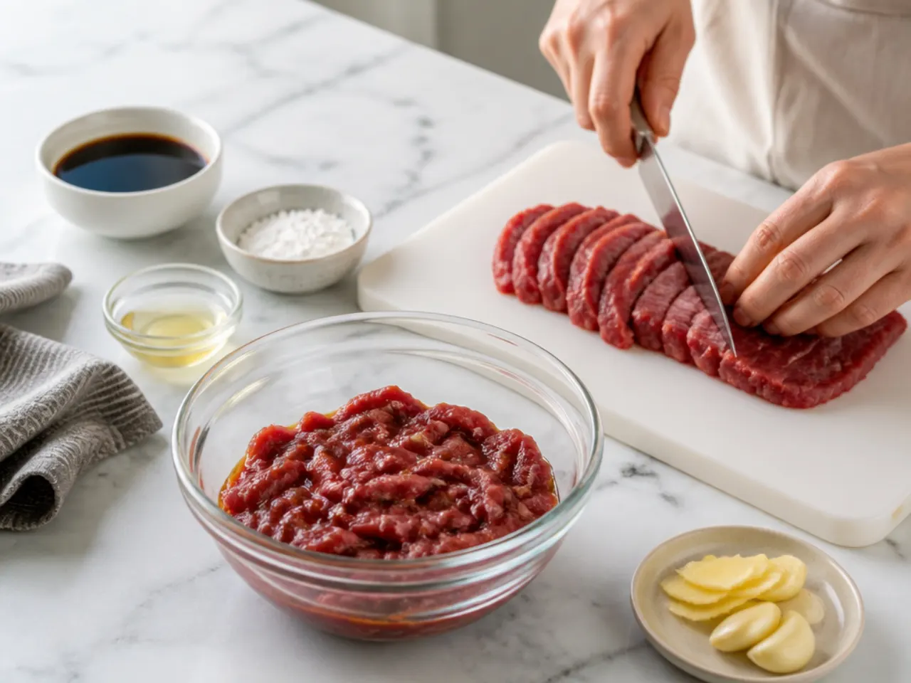 healthy mongolian beef — step 1: slice and coat the beef