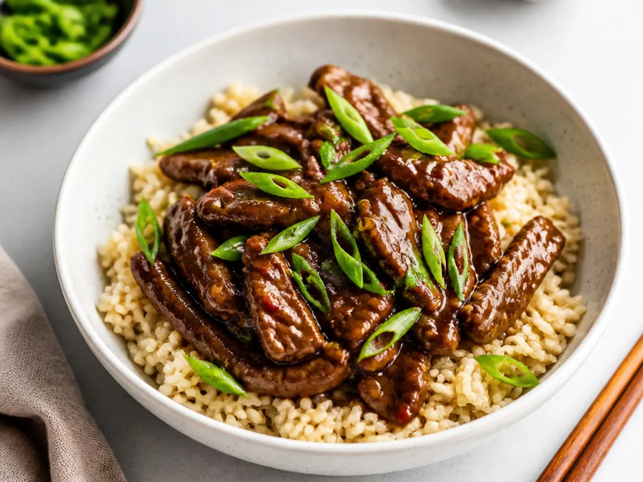 Bowl of healthy Mongolian beef with green onions over brown rice