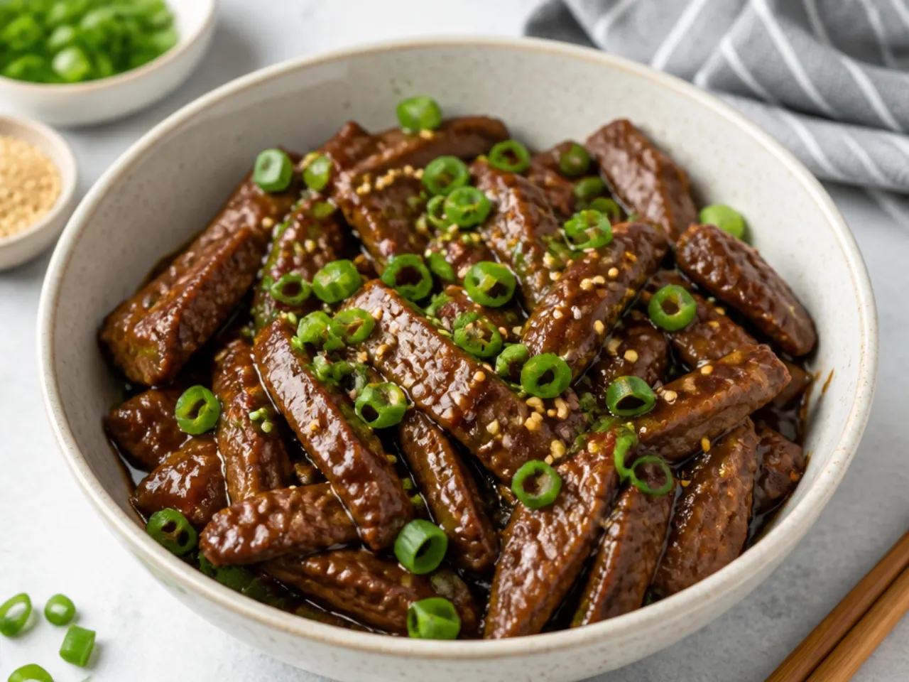 Classic lean flank steak Mongolian beef glazed in sweet-savory sauce