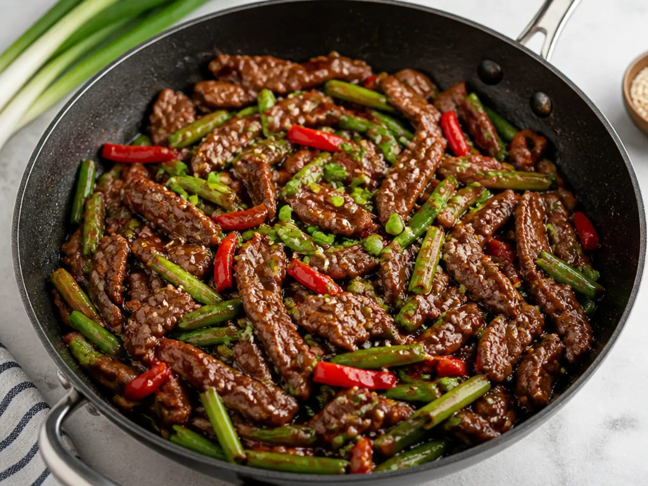 Easy one-pan healthy Mongolian beef stir-fry in a skillet