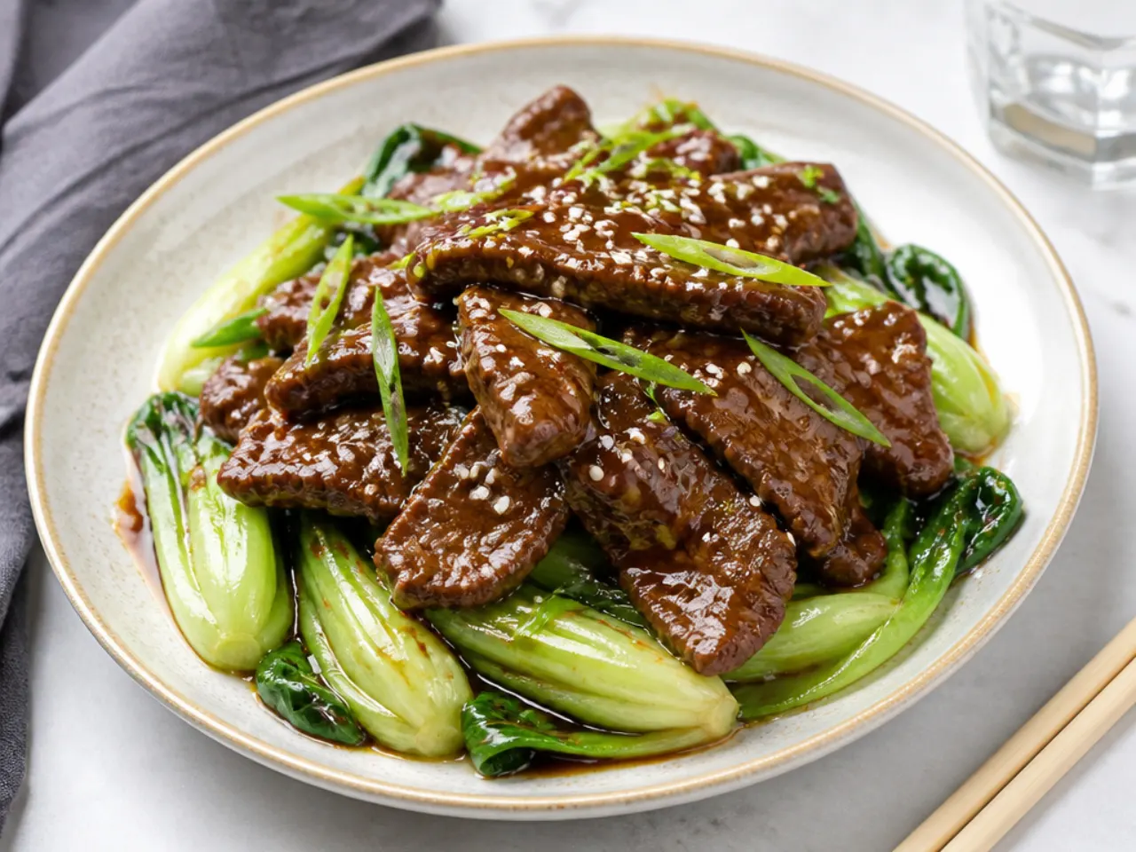 Elegant sesame-ginger Mongolian beef plated over baby bok choy